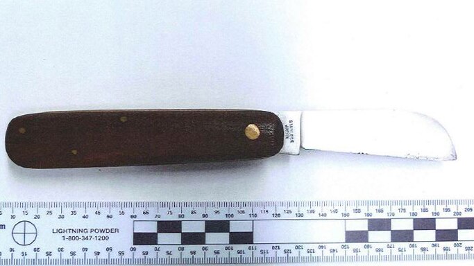 A pocket knife with a wooden handle and the blade extended lying next to a ruler.