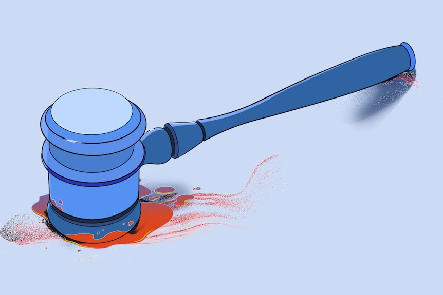 An illustration shows a gavel with blood on one end