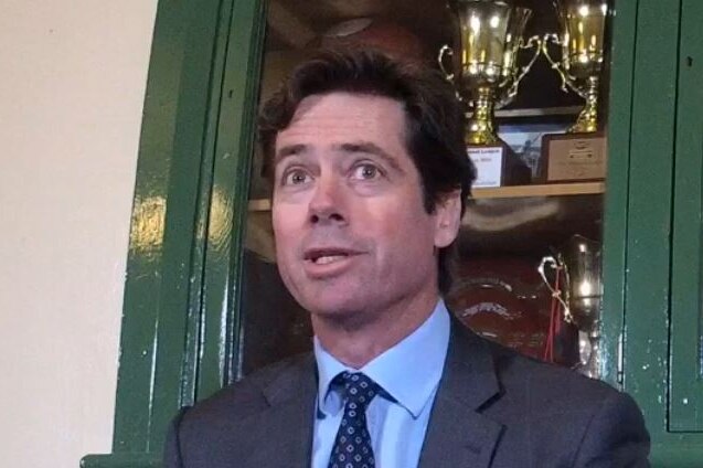 Gillon McLachlan speaks about the state of Tasmanian football during his Hobart press conference.