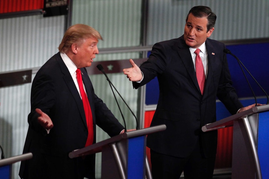 Donald Trump and Ted Cruz speak simultaneously at the Republican presidential candidates debate in North Charleston, South Carolina.