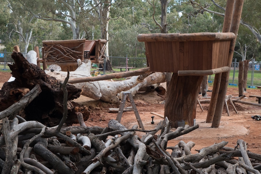 Two tree forts under construction at Morialta playground