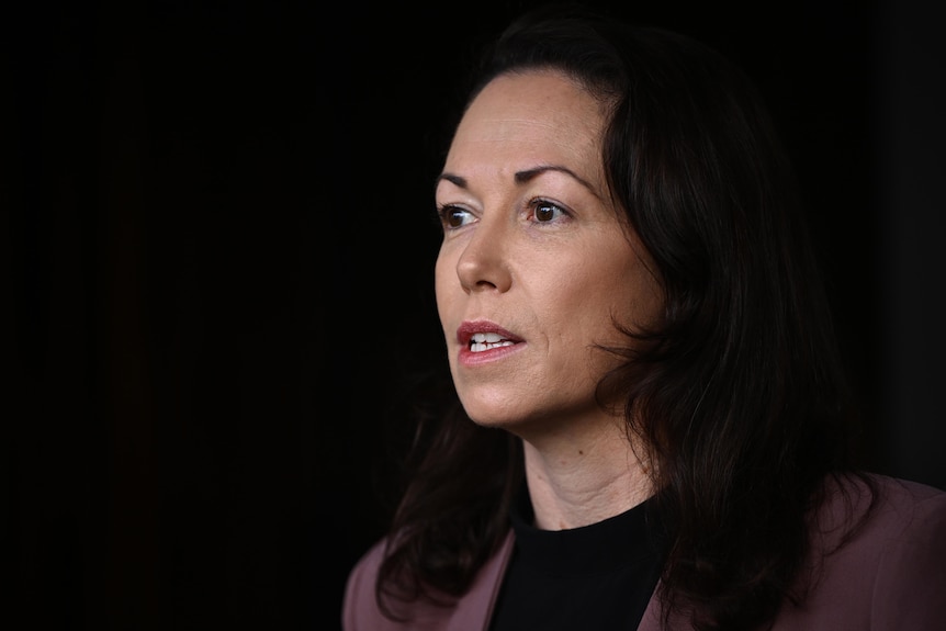 A woman speaks to media.