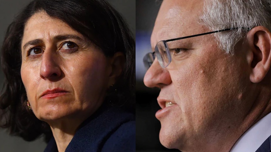 Side by side photos of Gladys Berejiklian and Scott Morrison looking serious