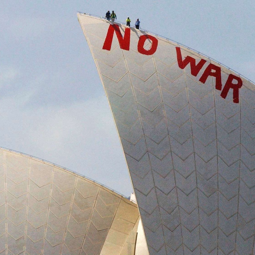 Anti-war slogan painted on Opera House