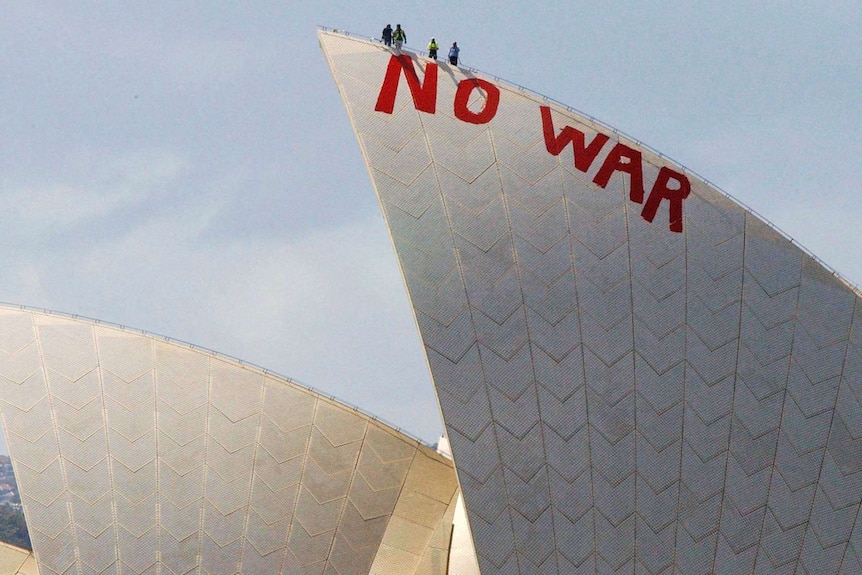 Anti-war slogan painted on Opera House