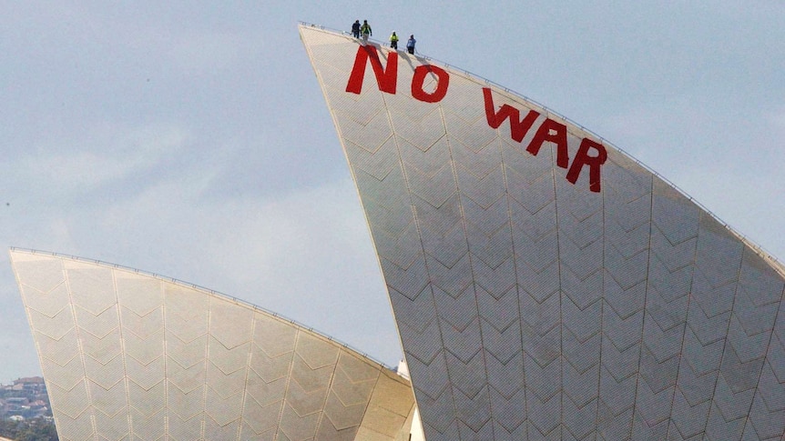 Anti-war slogan painted on Opera House