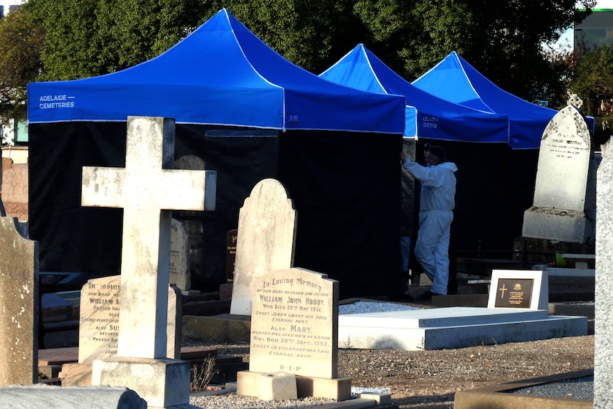 Police tents in Adelaide's West Terrace Cemetery.