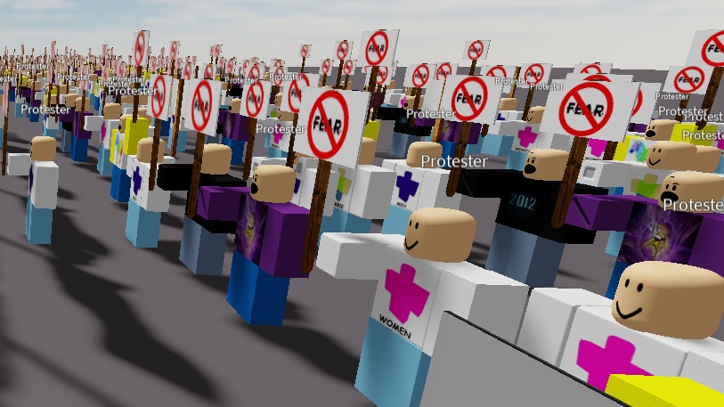 Generic avatars in Roblox protest holding sigs that say FEAR with the word crossed out.