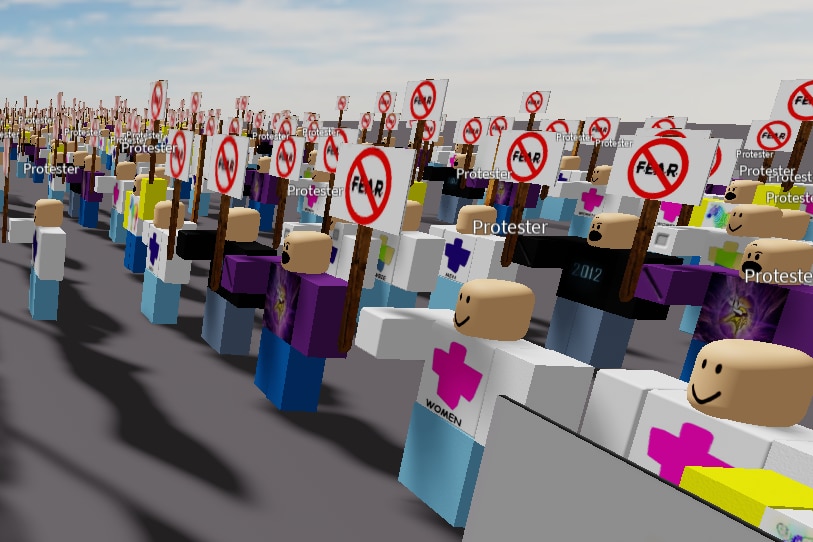 Generic avatars in Roblox protest holding sigs that say FEAR with the word crossed out.