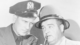 A black-and-white image of comedy duo Bud Abbott and Lou Costello.