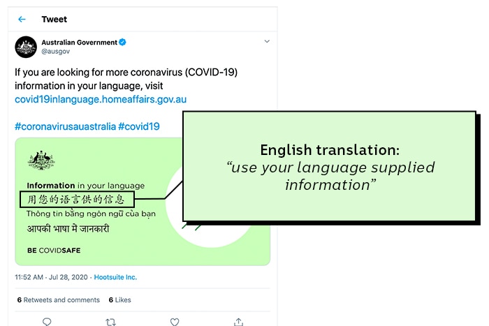 A Government ad in several languages, with the Chinese portion translated to say "use your language supplied information".