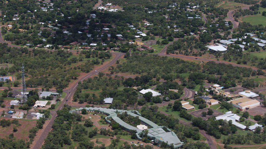 A photo from above Jabiru, showing the Crocodile Hotel and surrounding buildings.