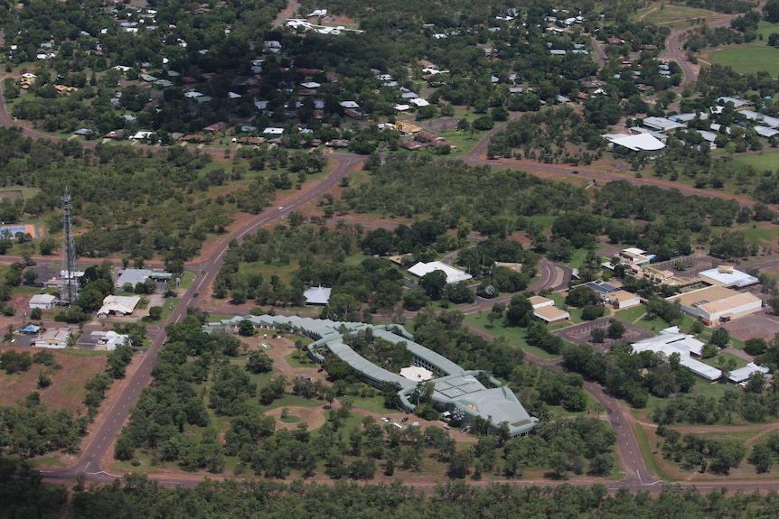 A photo from above Jabiru, showing the Crocodile Hotel and surrounding buildings.