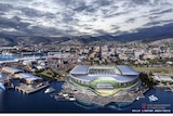 An aerial graphic view of a stadium on the waters edge, city behind and sky