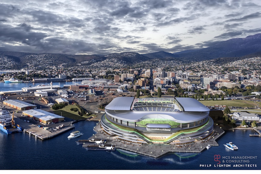 An aerial graphic view of a stadium on the waters edge, city behind and sky