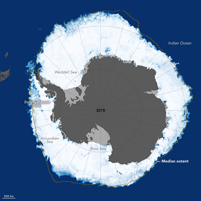Satellite data image showing the maximum extent of Antarctic sea ice coverage on October 6 2015