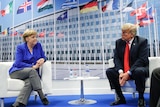 Angela Merkel and Donald Trump are seated next each other looking in different directions
