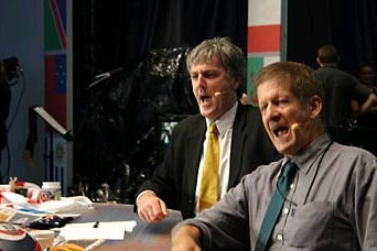 Roy and HG during their live broadcast of the Rugby World Cup final from the Sydney Opera House.