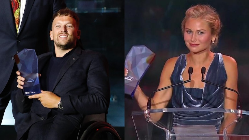On the left, a man in a black suit and in a wheelchair smiles with an award. On the right, a blonde woman does the same