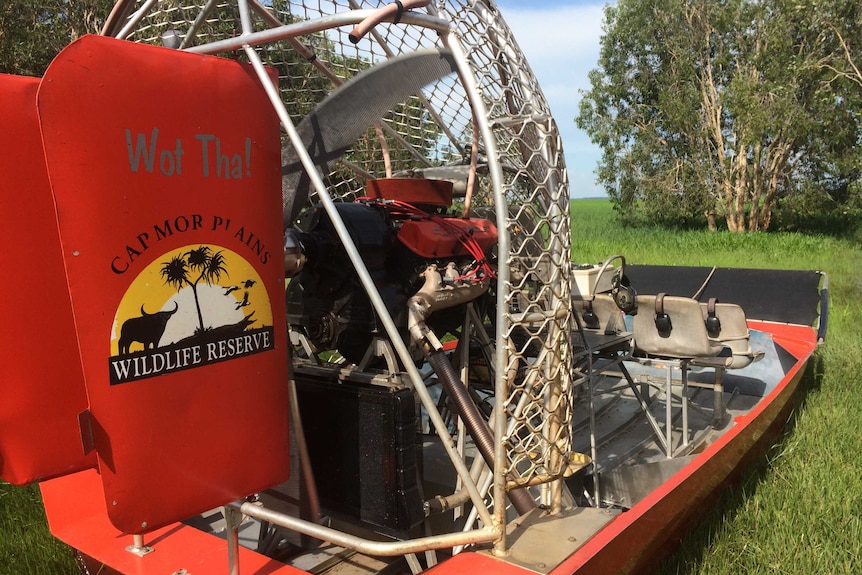 a red airboat parked on floodplains with a tree to the right of frame.