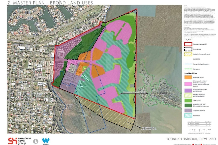 The map shows where the development will cross into wetlands, mangroves and bird habitat