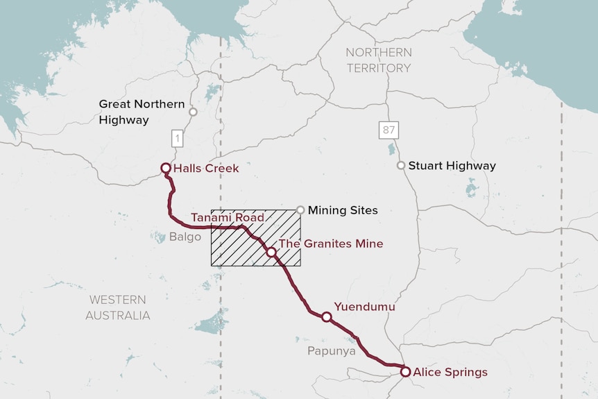 a map of the tanami road stretching from alice springs to halls creek