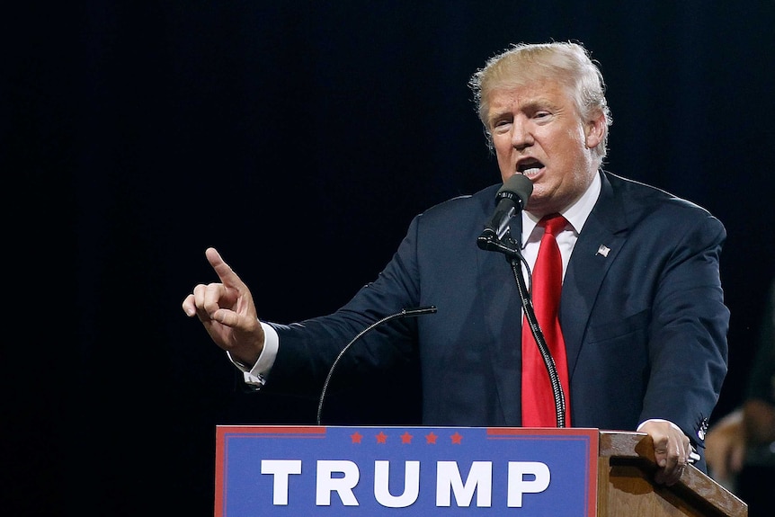 Donald Trump speaks to a crowd of supporters.