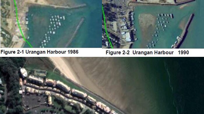 Resort site development on beach of Urangan harbour on Queensland's Fraser Coast in 1986, 1990 and 2018