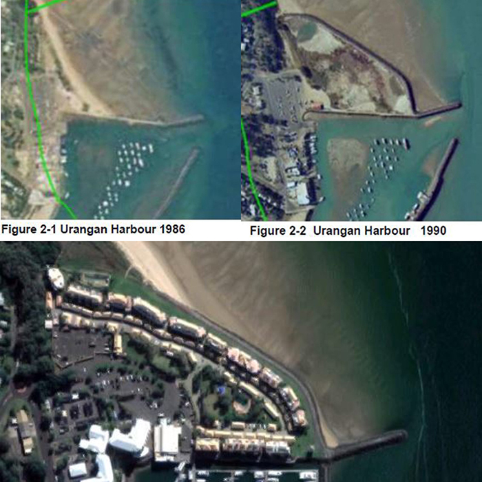 Resort site development on beach of Urangan harbour on Queensland's Fraser Coast in 1986, 1990 and 2018