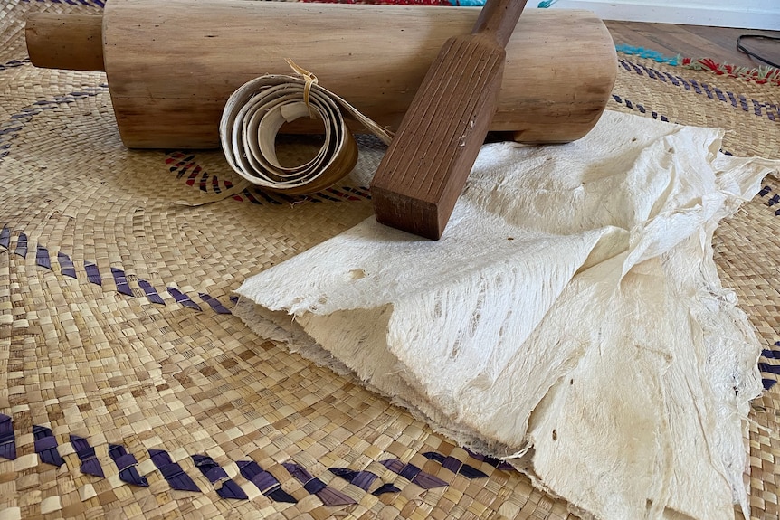 A collection of traditional materials for Niuean bark cloth making 