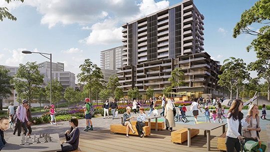 Artists impression of one of the NSW Govt's urban renewal projects with parklands in front of new residential building