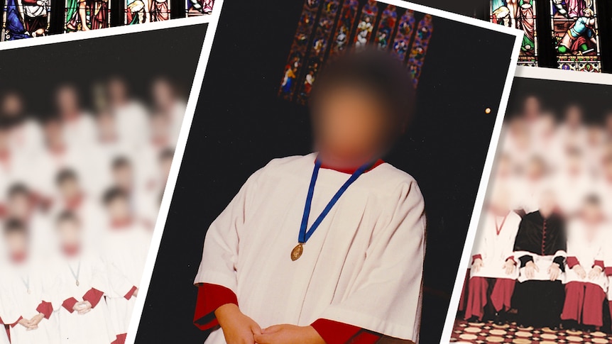 A collage of photos showing a choirboy and the St Patrick's Cathedral choir with all faces blurred.