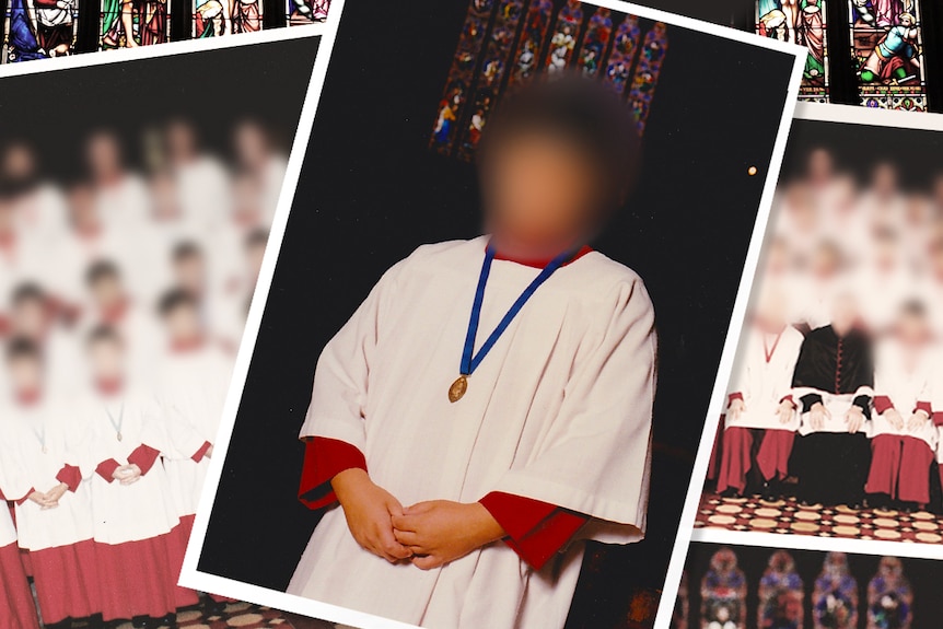 A collage of photos showing a choirboy and the St Patrick's Cathedral choir with all faces blurred.