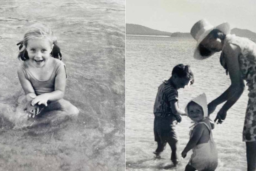 Two black and white collage pictures young girl in water and baby in water.