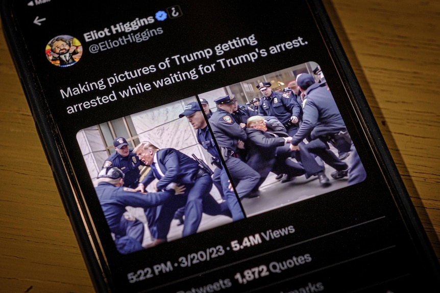 A close up of an iPhone displaying a tweet consisting of AI-generated images of Donald Trump being arrested by NYC police