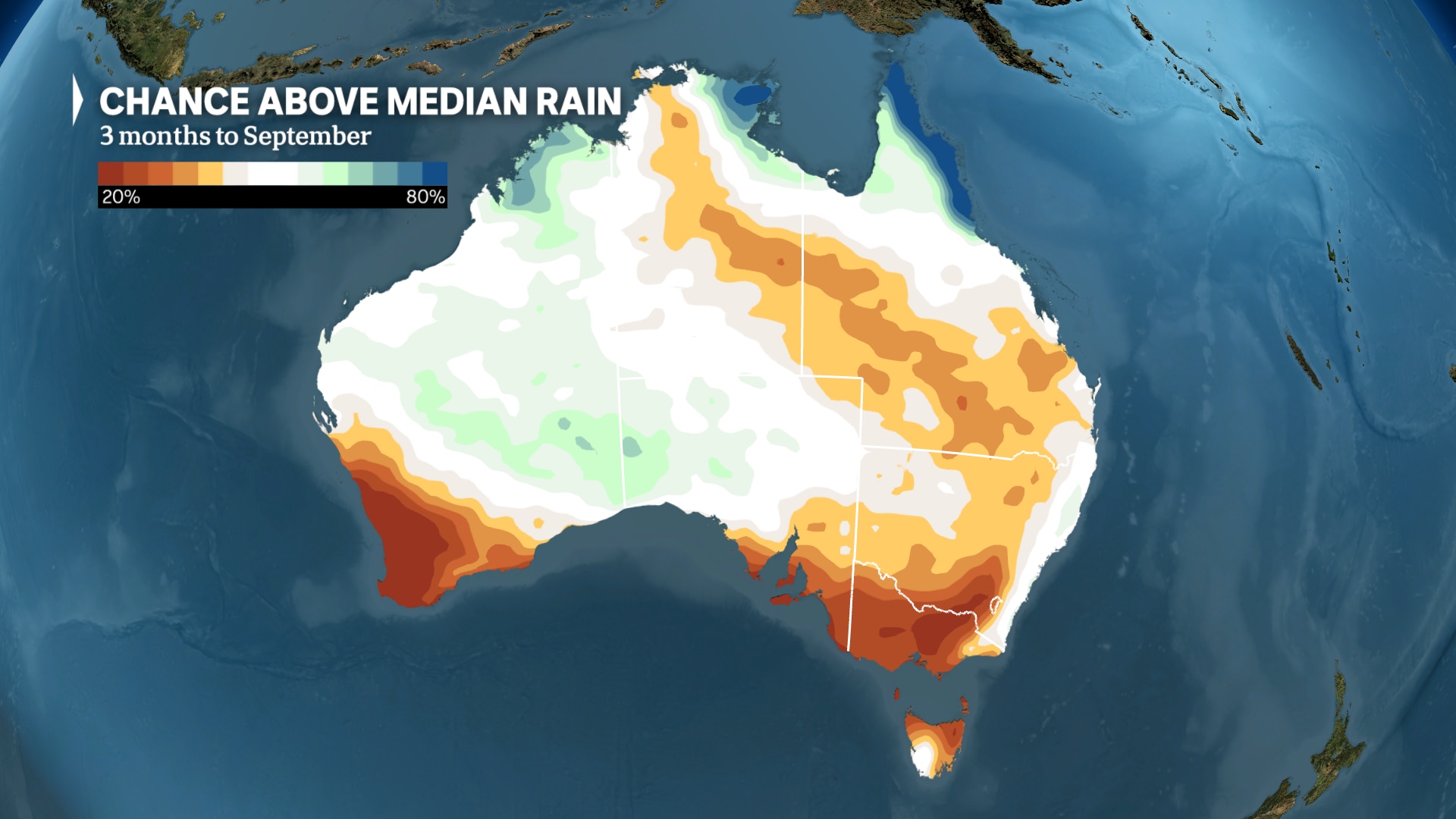 A graphic of Australia showing higher chances of above median rain in WA, which is much lower in others states.
