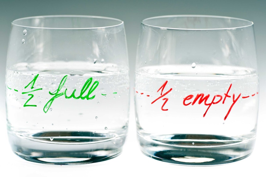 Two half full glasses with '1/2 full' written on the left one and '1/2 empty' written on the right.