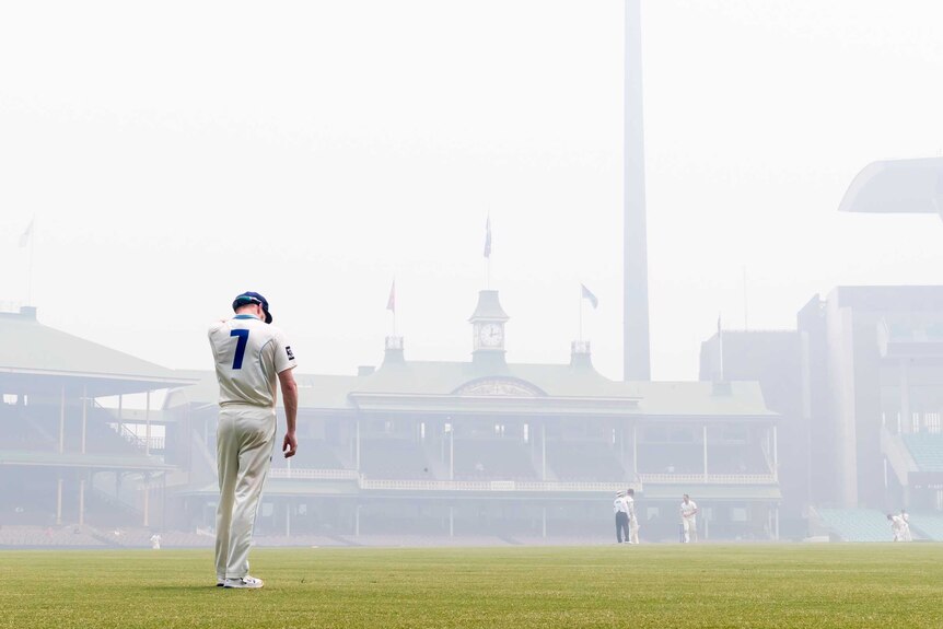 NSW Blues fielder Liam Hatcher watches the Sheffield Shield game against Queensland played out in the smoke.