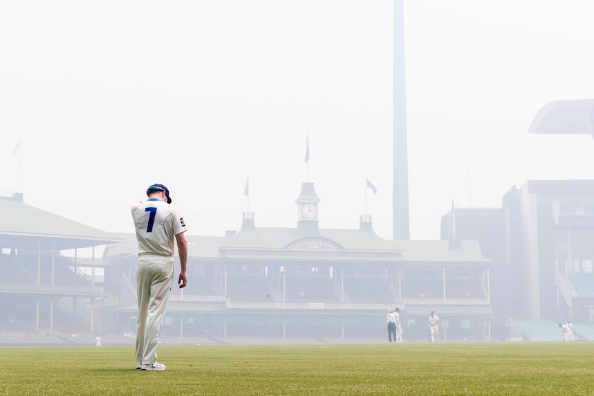 NSW Blues fielder Liam Hatcher watches the Sheffield Shield game against Queensland played out in the smoke.