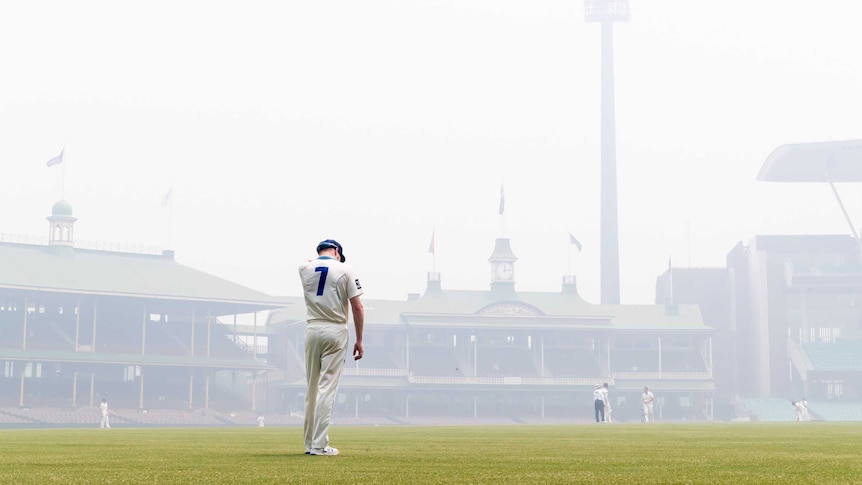 NSW Blues fielder Liam Hatcher watches the Sheffield Shield game against Queensland played out in the smoke.