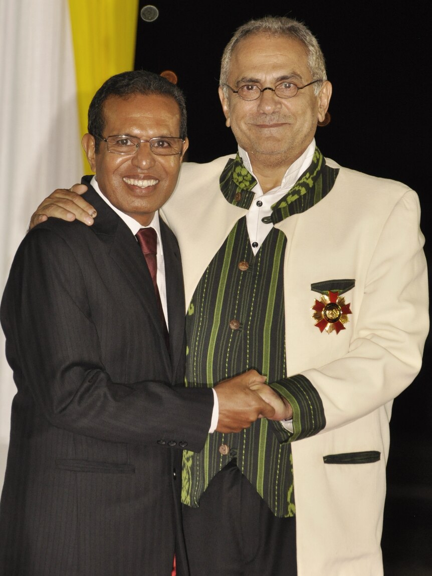 East Timor's newly elected president Jose Maria de Vasconcelos poses with outgoing president Jose Ramos Horta.
