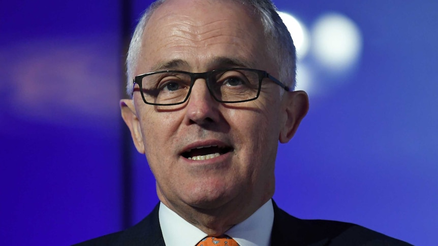 A tight headshot of Malcolm Turnbull. He is wearing an orange patterned tie.