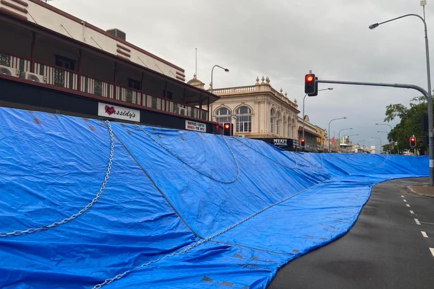 A flood barrier constructed in Maryborough's CBD.