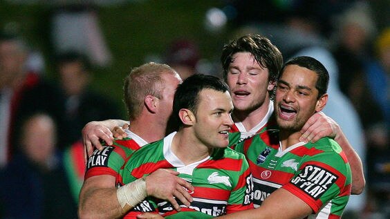 Just out of the eight...the Rabbitohs celebrate their last try.