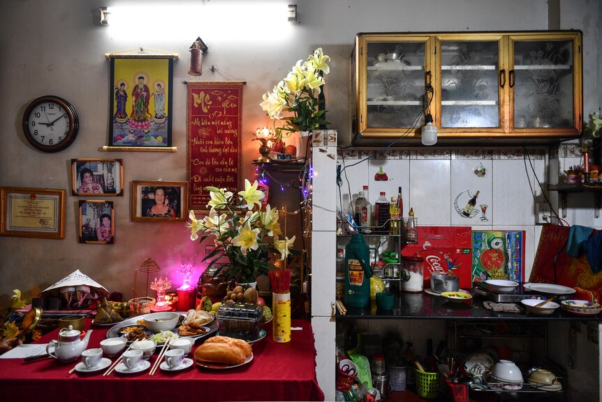 Inside the kitchen of Binh Phan's home in Vietnam. Dinner is on the table.