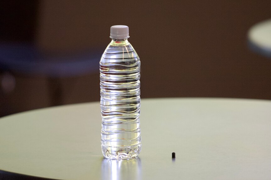 A 3D printed replica of a missing radioactive capsule next to a bottle of water.