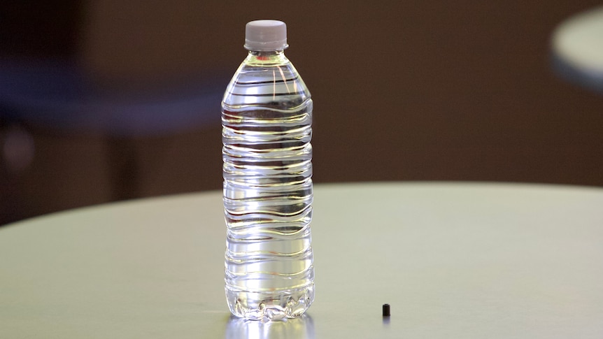 A 3D printed replica of a missing radioactive capsule next to a bottle of water.