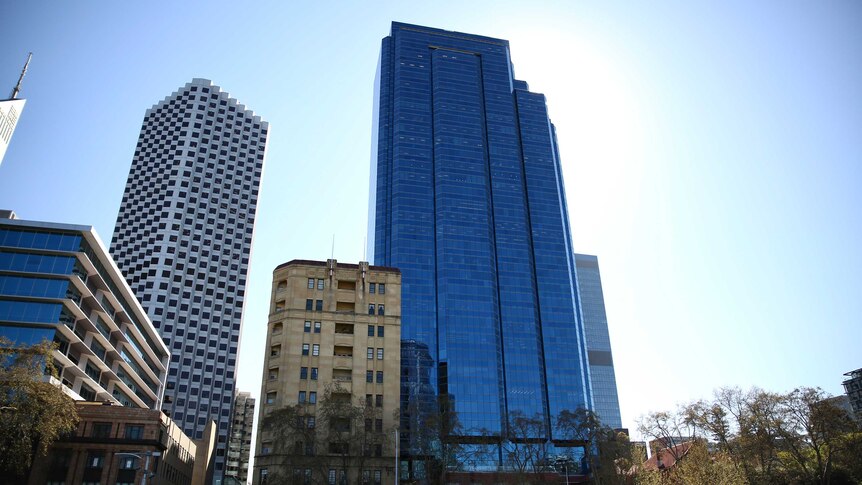 A picture of a blue skyscraper in the Perth CBD.
