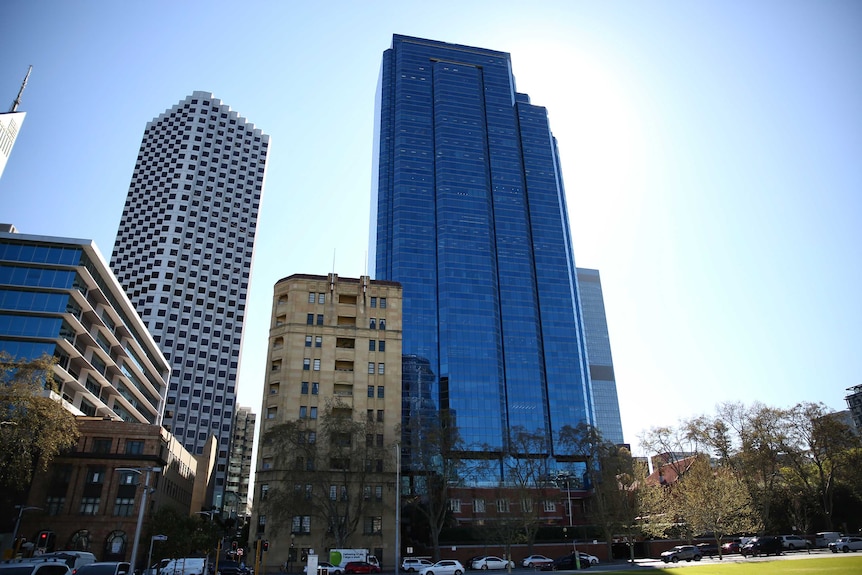 A picture of a blue skyscraper in the Perth CBD.