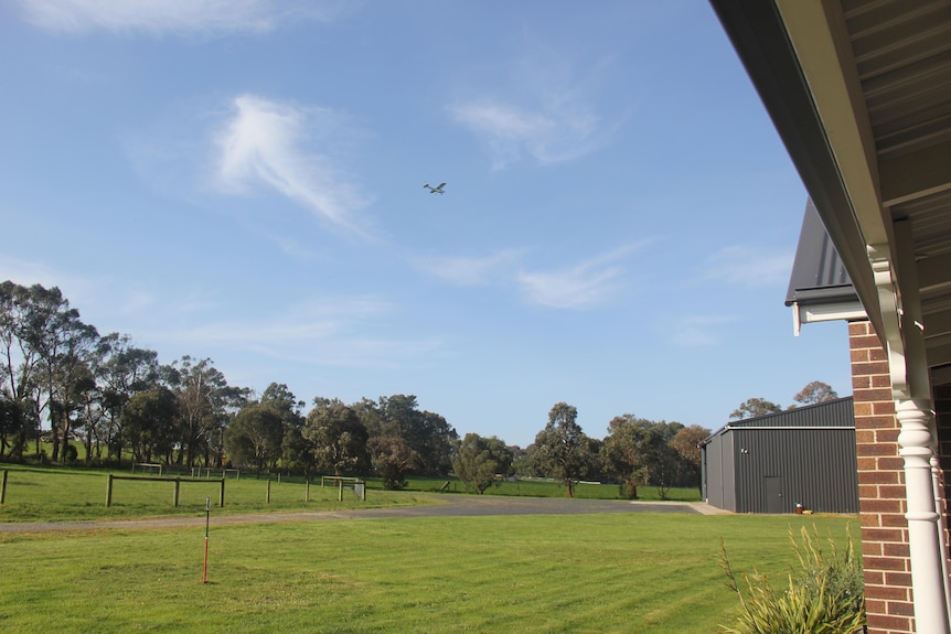 A small plane is pictured above grass and trees with the corner of a brown brick house and grey shed to the right